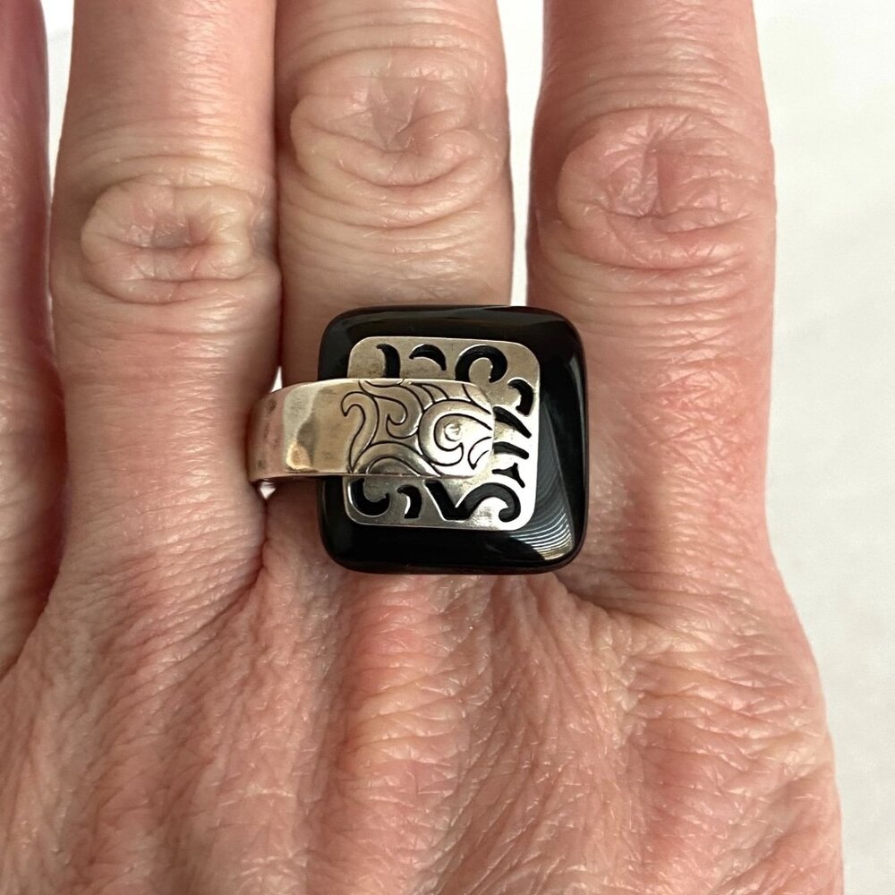 VTG Retired Silpada 925 Sterling Silver Black Agate Blacktop Swirl Ring Sz 8.75